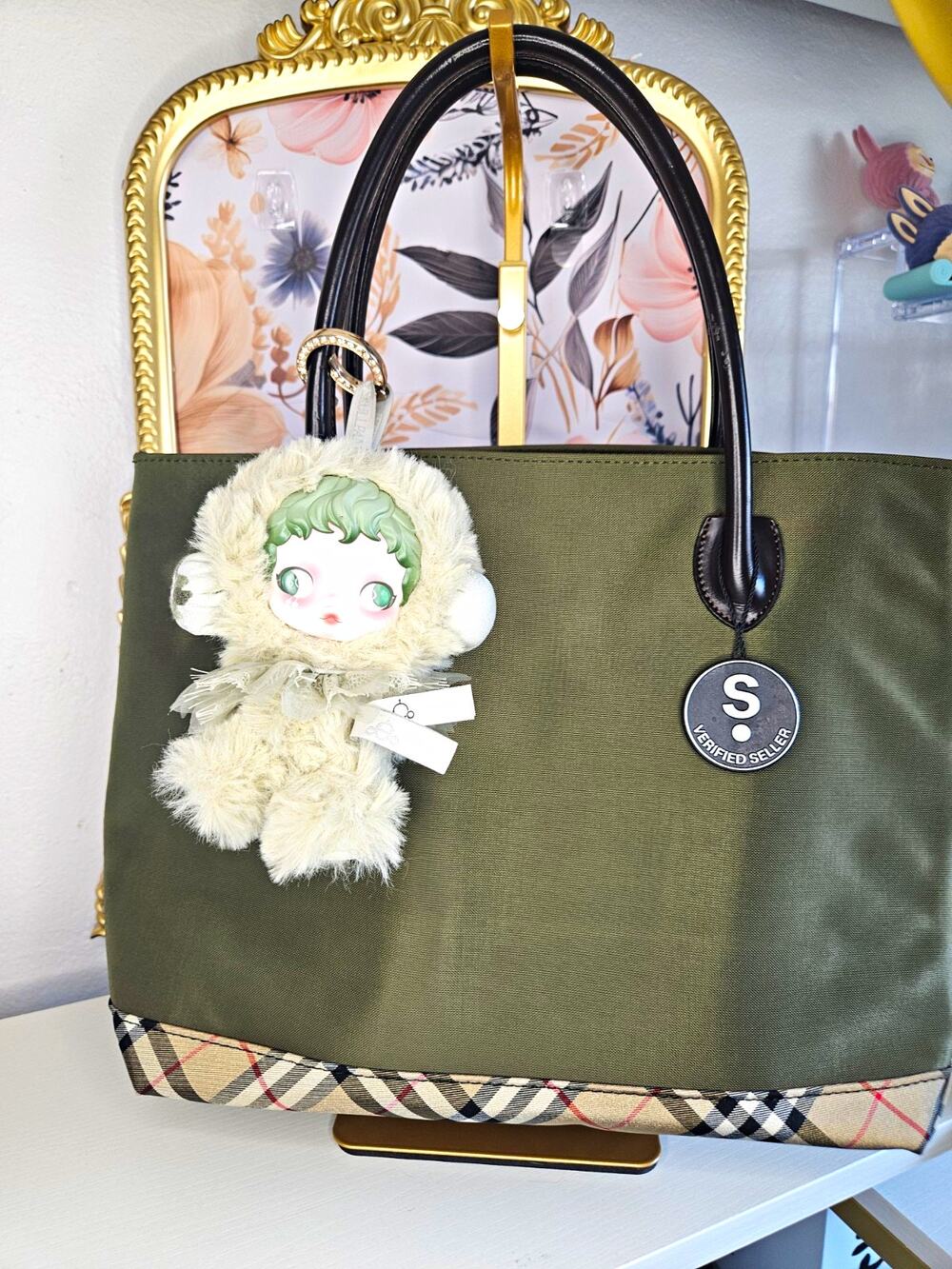 Burberry Blue Label Medium Green Checkered Tote Zip Double Leather Handles Charm